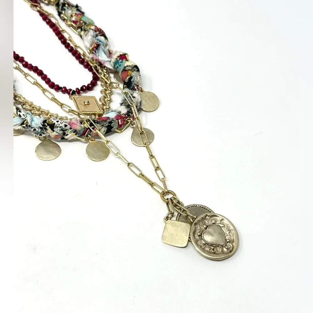 New Anthropologie Aspen Stone Layered Necklace Gold Charm Textile - Picture 6 of 9